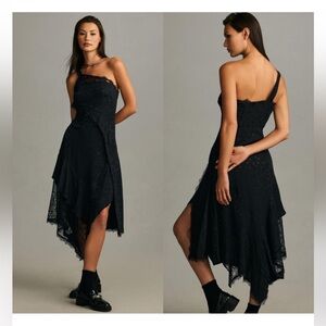 Anthropologie One Shoulder Black Lace Dress